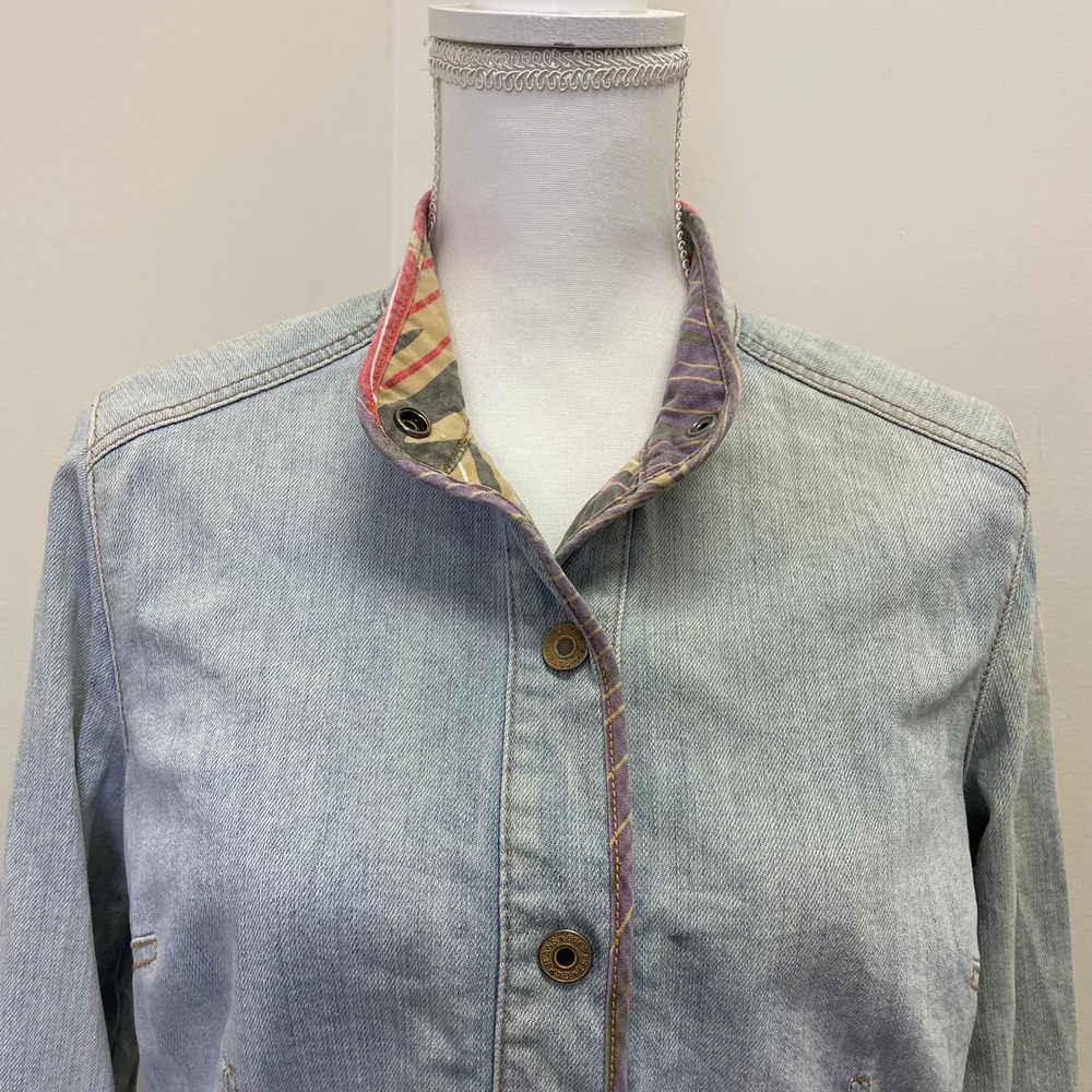 Y2K Gap Stretch Light Wash Mandarin Collar Denim Jacket M Tropical Lining VTG - Picture 5 of 16